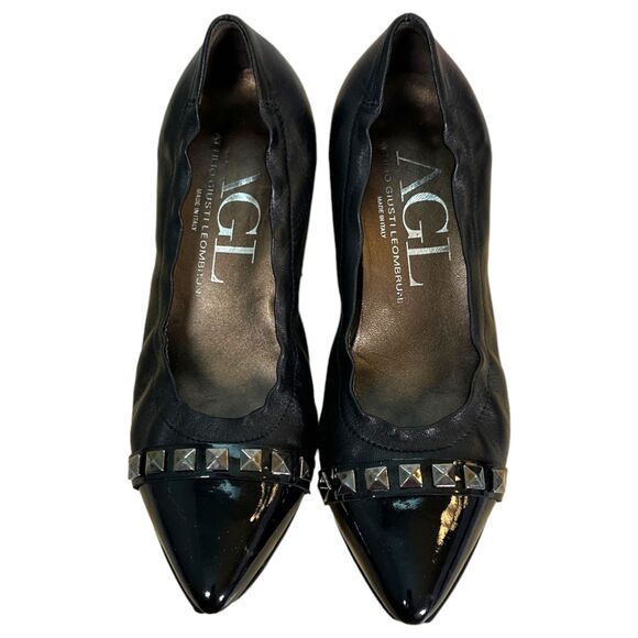 AGL Black Leather Chunky Heel Studded Pointed Cap Toe Heels Size 37.5 (US 7) - Picture 7 of 9